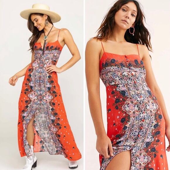 Free People Morning Song Red Floral Paisley Printed Button Lace Maxi Dress XS - Picture 2 of 16